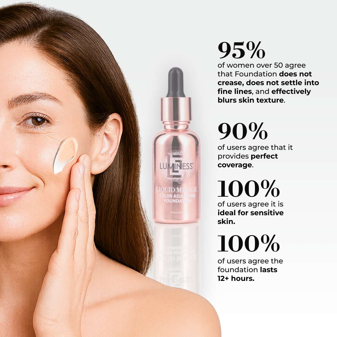 Close up photo of woman's face and hands. She is holding the Airbrush spray device in one hand and a bottle of foundation in the other.