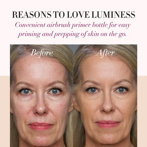 Before and after comparison of a woman's face with text about Luminess airbrush primer bottle.